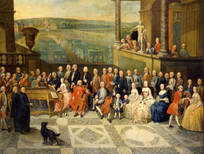 1755年頃に描かれた絵画から当時の室内楽の様子がうかがえる。<br>Paul Joseph Delcloche《Concert at the Court of the Prince-Bishop of Liège》(部分)1753-1755年 バイエルン国立博物館所蔵