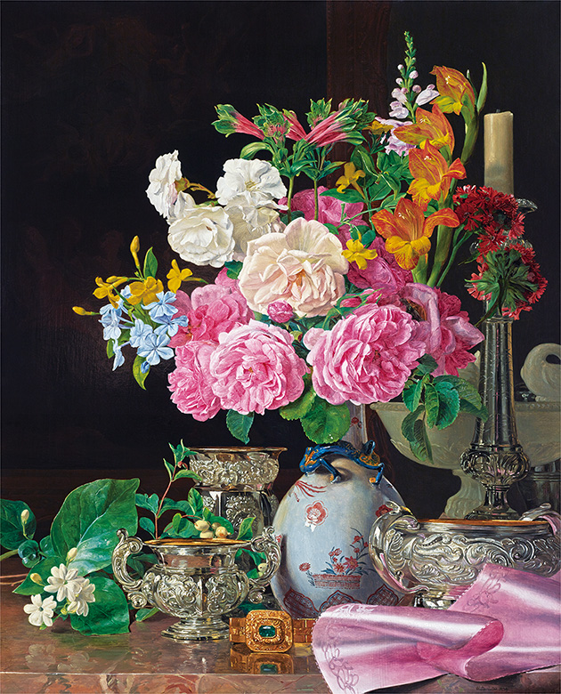 フェルディナント・ゲオルク・ヴァルトミュラー《磁器の花瓶の花、燭台、銀器》