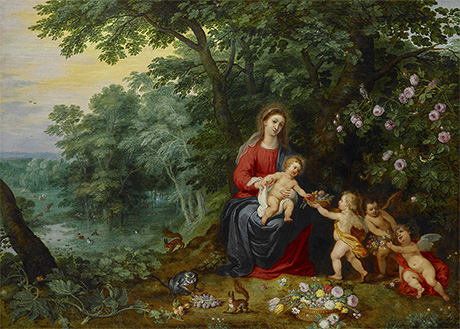ヤン・ブリューゲル（子）、ヘンドリク・ファン・バーレン《風景の中の聖母子》1626年頃、油彩・板