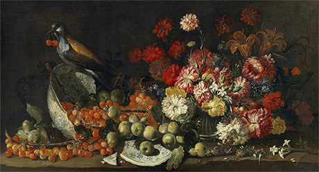 ビンビ（本名バルトロメオ・デル・ビンボ）《花と果物の静物とカケス》制作年不詳、油彩・キャンヴァス