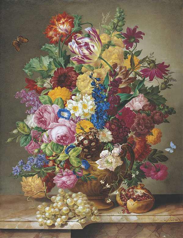 ウィーン窯・帝国磁器製作所/絵付け：ヨーゼフ・ニッグ《白ブドウのある花の静物》1838年、硬質磁器