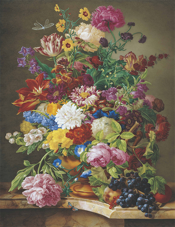ウィーン窯・帝国磁器製作所/絵付け：ヨーゼフ・ニッグ《黒ブドウのある花の静物》1838年、硬質磁器