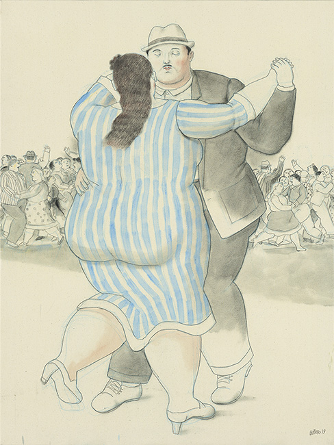 フェルナンド・ボテロ《踊る人たち》　2019年　鉛筆、水彩／カンヴァス　133 x 100 cm