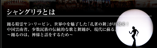 シャングリラとは
踊る精霊ヤン・リーピン、世界中を魅了した「孔雀の舞」が再飛来！
中国雲南省、少数民族の伝統的な歌と舞踊が、現代に蘇る。
～踊るのは、神様と話をするため～